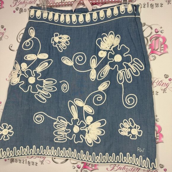 River woods skirt corset lace up tie ribbon embroidered floral flowers denim - Picture 3 of 13